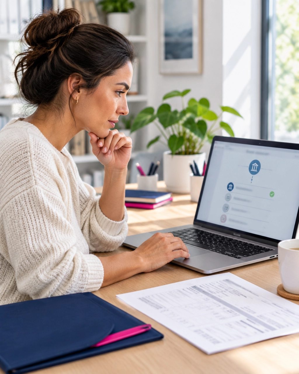 Small-business owner reviewing a bank feed beside a printed statement