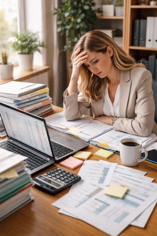 A business owner overwhelmed by paperwork at her desk