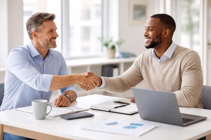 An accountant and a business owner shaking hands across a desk